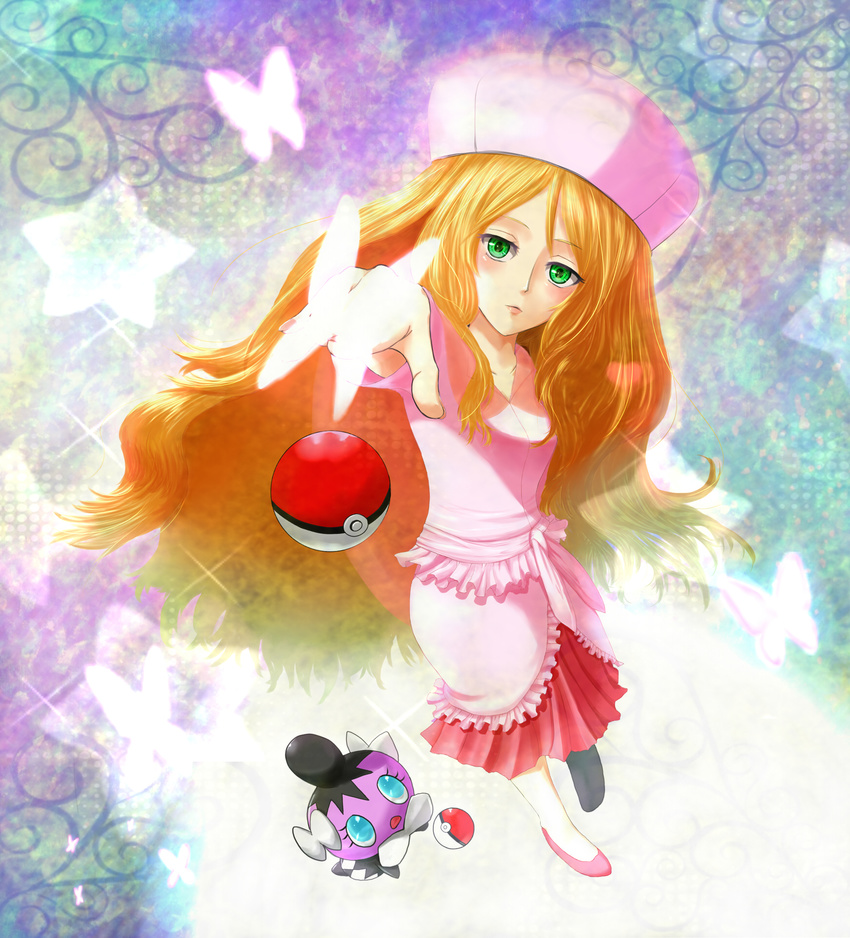 aqua_eyes blonde_hair blush bug butterfly cattleya_(pokemon) elite_four foreshortening from_above gen_5_pokemon gothita green_eyes hands hat highres insect lips long_hair poke_ball pokemon pokemon_(creature) pokemon_(game) pokemon_bw saty-rokuji skirt skirt_set very_long_hair