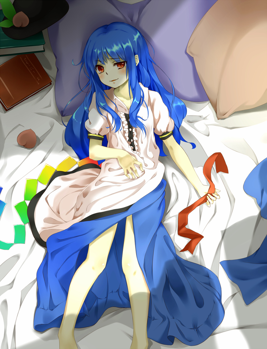 bed bed_sheet blue_hair book hands hat hat_removed headwear_removed highres hinanawi_tenshi jurakin long_hair lying naughty_face on_back pillow raised_eyebrow red_eyes ribbon shadow solo touhou uneven_eyes untied