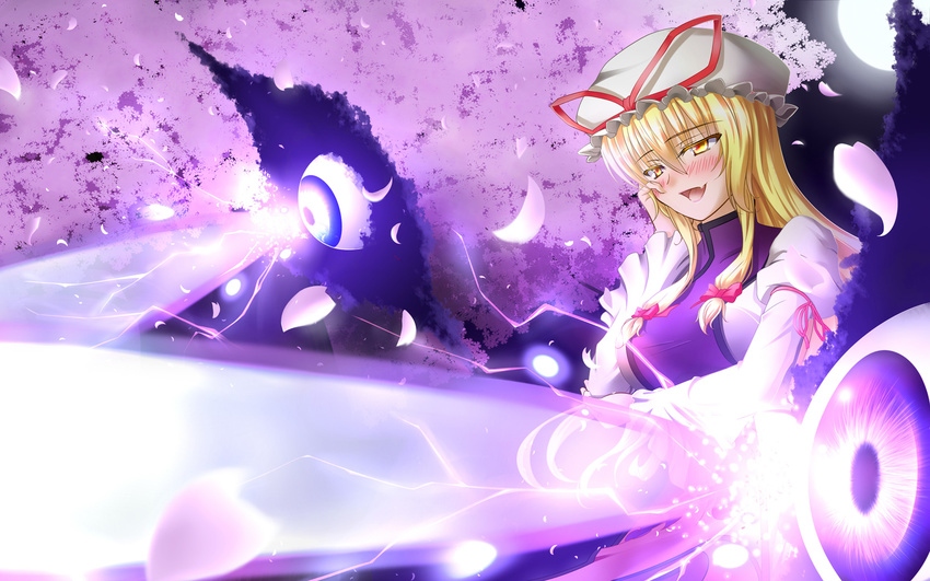 artist_request beam blonde_hair blush dress female hair_ribbon hat highres moon ribbon sakura_tree smile touhou yakumo_yukari