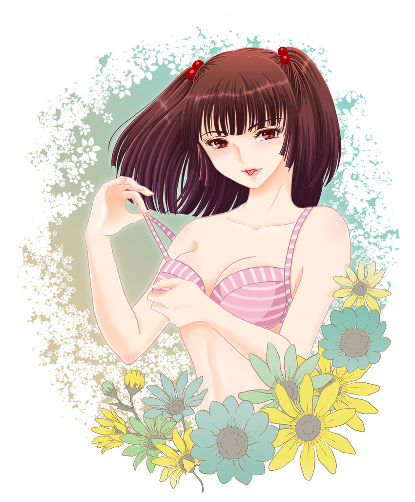 :p bangs bare_shoulders blunt_bangs bra breasts brown_hair cleavage collarbone eyelashes flower gradient_hair hair_bobbles hair_ornament highres lingerie lips maison_ikkoku medium_breasts multicolored_hair older poko_(dabohage) red_eyes short_hair short_twintails solo striped tongue tongue_out twintails underwear yagami_ibuki