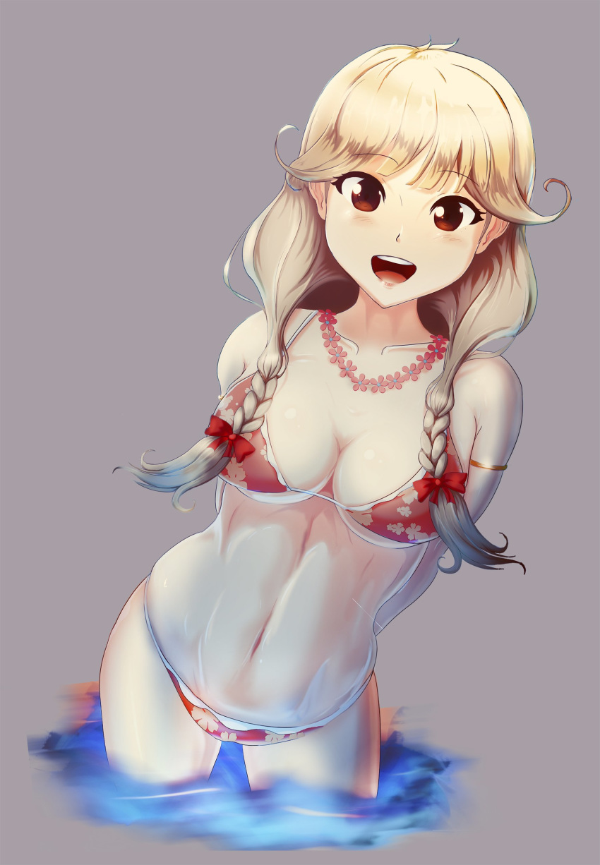 1girl absurdres arms_behind_back bikini blonde_hair bow braid breasts effie_(fire_emblem) fire_emblem fire_emblem_echoes:_mou_hitori_no_eiyuuou grey_background hair_bow highres keldancon long_hair medium_breasts navel nintendo open_mouth red_bow simple_background solo swimsuit twin_braids wading wreath