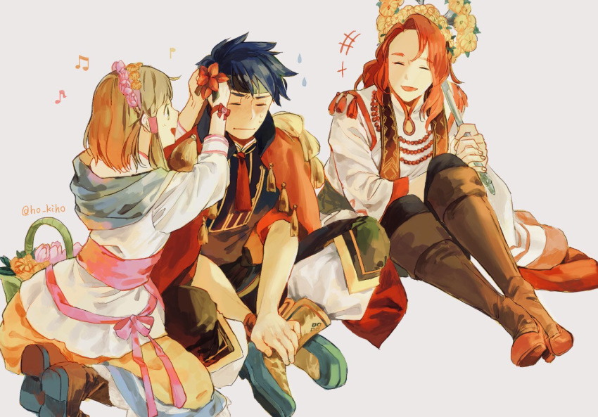 1boy 2girls basket bead_necklace beads blue_hair boots brother_and_sister brown_hair cape closed_mouth eyes_closed fire_emblem fire_emblem:_souen_no_kiseki fire_emblem_heroes flower from_side grey_background hair_flower hair_ornament head_wreath high_heel_boots high_heels ho_kiho holding holding_staff ike jewelry legs_crossed long_hair long_sleeves mist_(fire_emblem) multiple_girls musical_note necklace nintendo open_mouth pink_ribbon red_hair ribbon short_hair short_sleeves siblings simple_background sitting staff tiamat_(fire_emblem) twitter_username