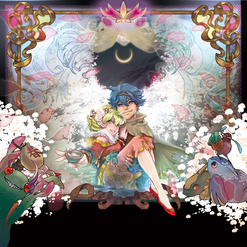 1girl bad_id bad_pixiv_id baten_kaitos blonde_hair blue_eyes blue_hair cape capelet carrying couple crescent_moon cup flower frame gourd greythorne grin hair_flower hair_ornament hairband hand_on_another's_chest hetero highres kalas moon princess_carry smile xelha yellow_eyes