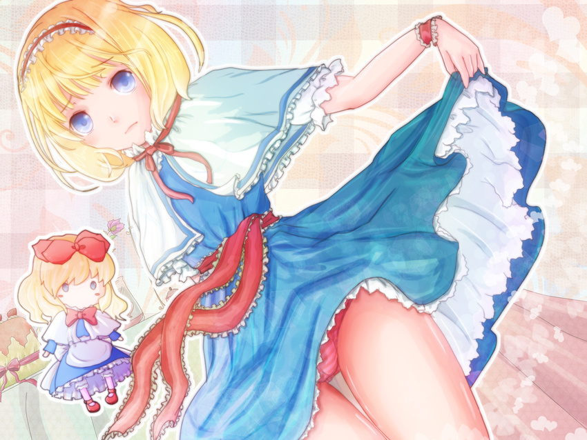 alice_margatroid blonde_hair blue_eyes blush cake capelet doll dress dress_lift dutch_angle food frills hairband highres kotubu panties ribbon shanghai_doll short_hair solo striped striped_panties touhou underwear wallpaper wrist_cuffs