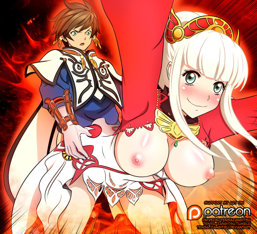 1boy 1girl blush breasts brown_hair clothed_sex doggystyle earrings erect_nipples female green_eyes hair_ornament hand_on_hip happy_sex jewelry lailah_(tales) long_hair male nipples sex short_hair sorey_(tales) tales_of_(series) tales_of_zestiria tensa-zangitsu white_hair