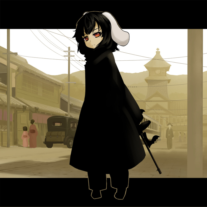 animal_ears architecture black_hair bunny_ears car coat drum_magazine east_asian_architecture frown ground_vehicle gun highres inaba_tewi japanese_clothes kimono kuro_oolong letterboxed looking_at_viewer mafia_ii motor_vehicle power_lines red_eyes road short_hair solo street streetcar submachine_gun telephone_pole thompson_submachine_gun touhou tower town vertical_foregrip weapon