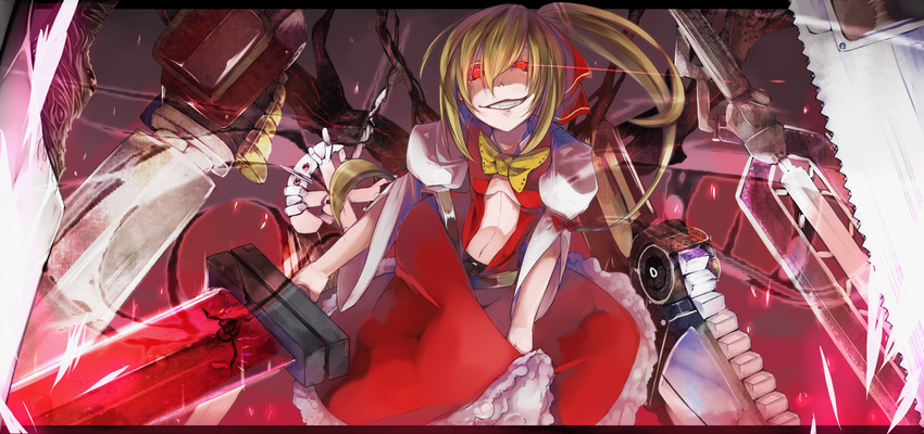 alternate_weapon alternate_wings blonde_hair bow flandre_scarlet glowing glowing_eyes grin hair_ribbon laevatein mito_(calcomer) no_hat no_headwear red_eyes ribbon short_hair side_ponytail smile solo sword teeth touhou weapon wings