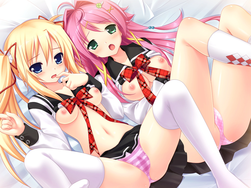 awashima_akane blonde_hair blue_eyes blush breasts clover_hair_ornament embarrassed game_cg green_eyes hair_ornament highres long_hair lying makita_maki mechakon! medium_breasts multiple_girls narusawa_sora navel nipples no_bra panties pink_hair pink_panties plaid pleated_skirt sawatari_saki school_uniform serafuku shirt_lift skirt small_breasts spread_legs striped striped_panties thighhighs underwear white_legwear