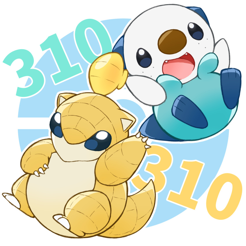 :d blue_eyes claws commentary_request fangs highres holding mijumaruko no_humans open_mouth oshawott pokemon pokemon_(creature) sandshrew seashell shell smile tongue