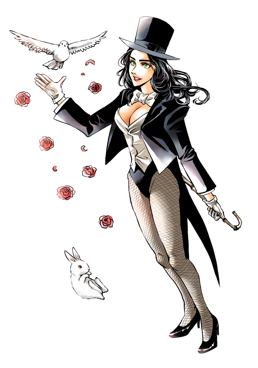 bird black_hair blush breasts bunny cleavage dc_comics fishnet_pantyhose fishnets flower gloves green_eyes hat high_heels highres hoshikuma_shaare jacket large_breasts leotard lips lipstick long_hair magician makeup neck_ribbon pantyhose pigeon ribbon rod rose shoes smile top_hat zatanna_zatara