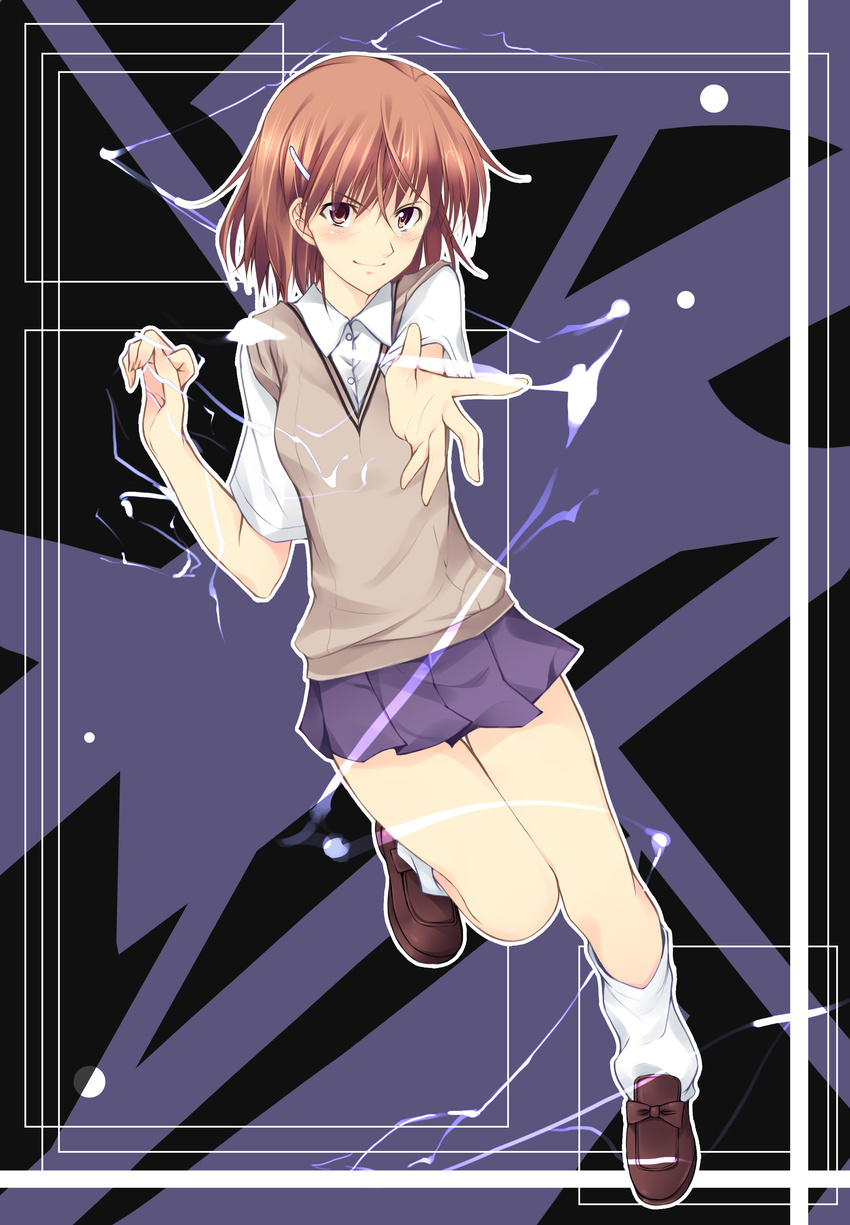 absurdres biribiri brown_eyes brown_hair electricity hair_ornament hairclip highres kazumu misaka_mikoto pleated_skirt school_uniform short_hair skirt solo to_aru_kagaku_no_railgun to_aru_majutsu_no_index