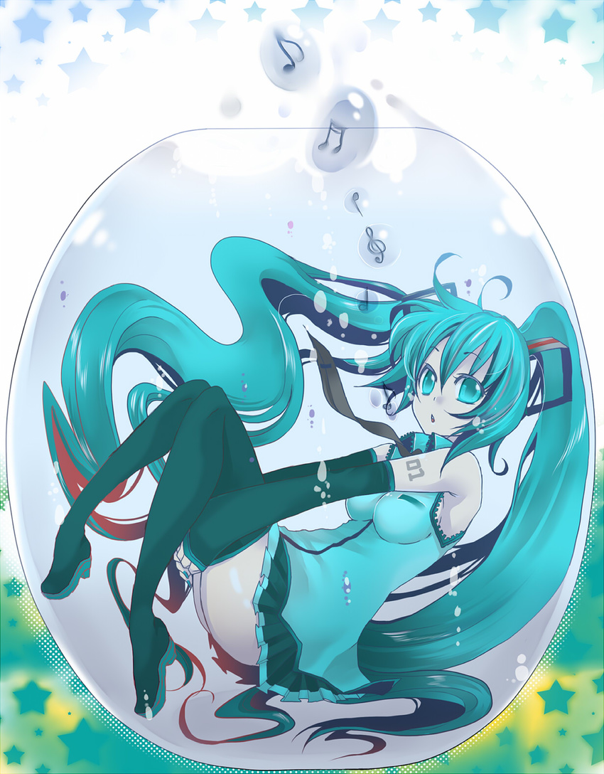 aqua_eyes aqua_hair bubble detached_sleeves hatsune_miku highres leg_hug legs long_hair mamemix musical_note necktie skirt solo thighhighs twintails underwater very_long_hair vocaloid zettai_ryouiki