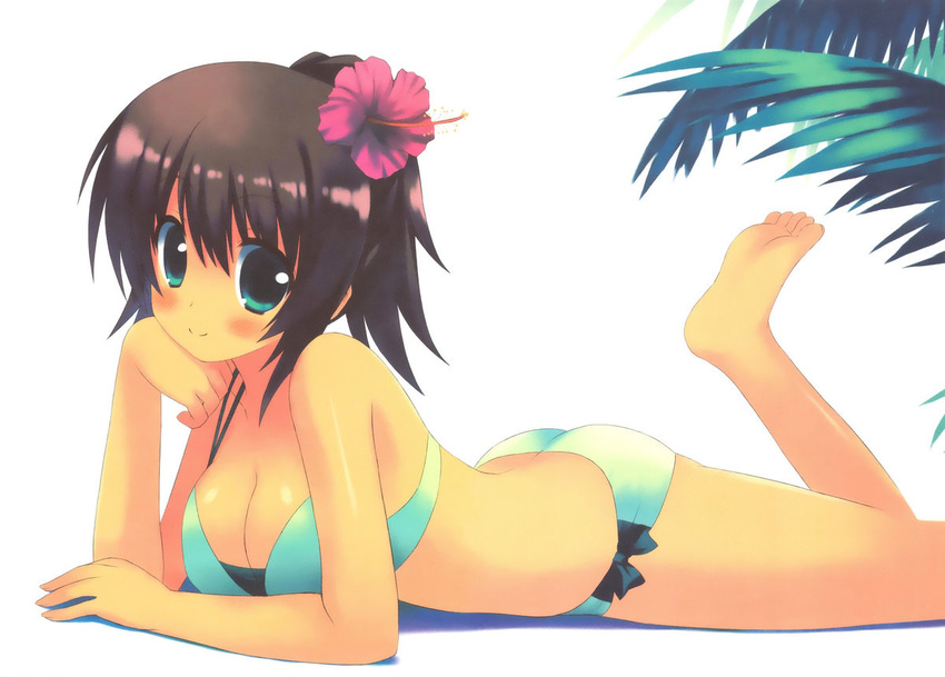 ass blush breasts brown_hair cleavage cute feet flower green_eyes lying ponytail smile smiling swimsuit