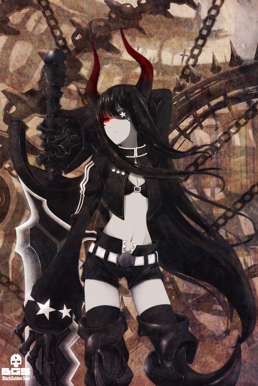 auer bad_id bad_pixiv_id bikini_top black_gold_saw black_hair black_rock_shooter chain eyepatch greaves highres horns huge_weapon jacket king_saw long_hair midriff navel pale_skin red_eyes shorts solo thighhighs weapon