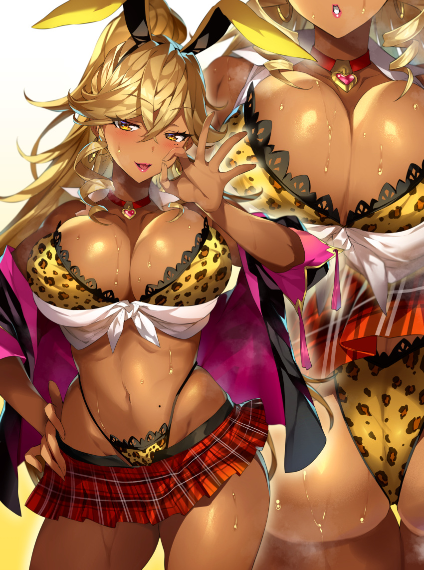 1girl absurdres animal_ears blonde_hair breasts cheetah_print cleavage dark-skinned_female dark_skin fingers_to_mouth gyaru handjob_gesture highres large_breasts lips looking_at_viewer naughty_face original plaid playboy_bunny rabbit_ears senri_gan solo thong yellow_eyes