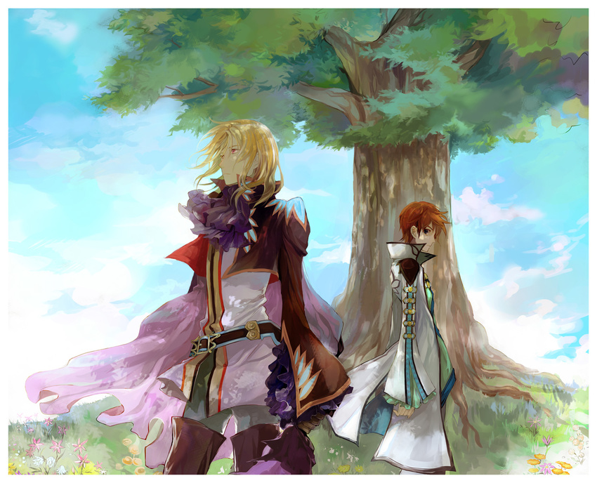 asbel_lhant blonde_hair brown_hair cape cravat flower male_focus mooche multiple_boys richard_(tales) tales_of_(series) tales_of_graces tree