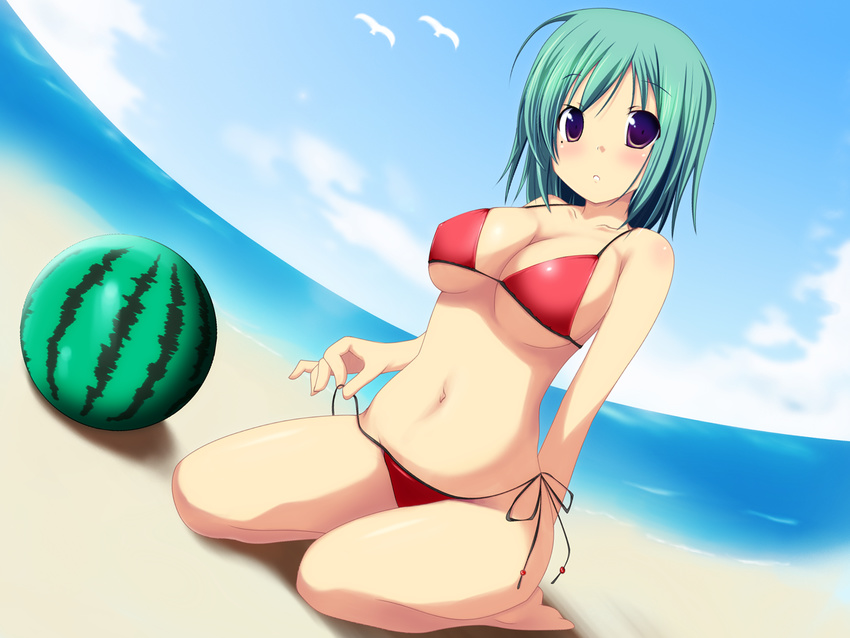 ball beach beachball bikini breasts cleavage day dutch_angle fisheye food fruit green_hair highres large_breasts mole mole_under_eye navel original paradise_king purple_eyes red_bikini seiza short_hair side-tie_bikini sitting solo swimsuit underboob untied untying watermelon_beachball