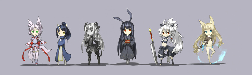 absurdres animal_ears bad_id bad_pixiv_id blue_eyes borrowed_character bunny_ears character_request chibi fox_ears ganesagi gloves green_eyes highres horns japanese_clothes kimono long_hair long_image multiple_girls multiple_tails original red_eyes sword tail thighhighs tsukimi_(yukinagi) very_long_hair weapon white_hair wide_image zettai_ryouiki