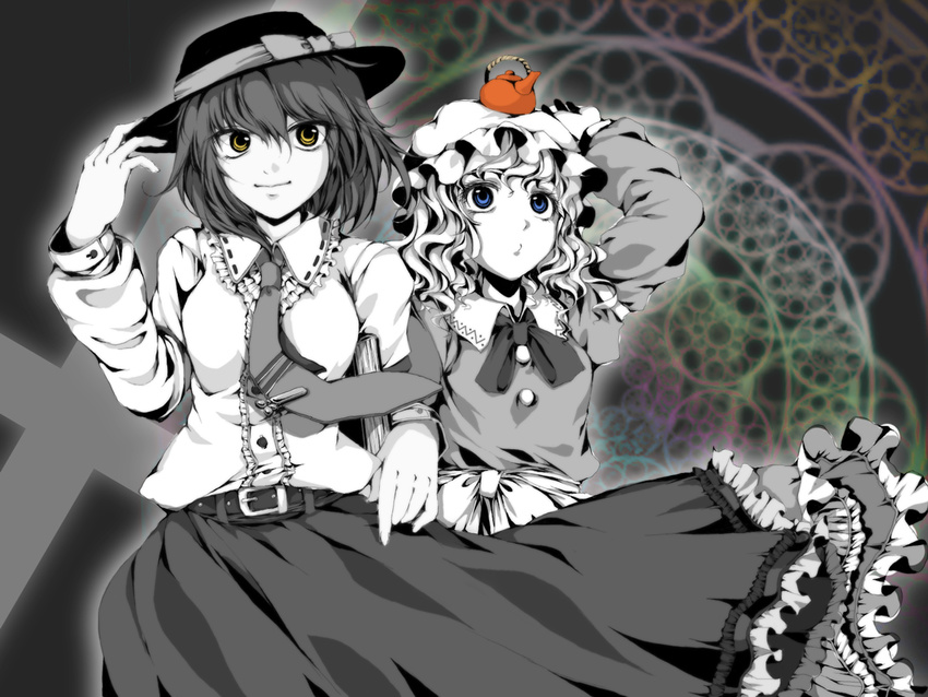 bad_id bad_pixiv_id belt blue_eyes book bow buttons curly_hair dew-spiegel dress frilled_dress frilled_shirt_collar frilled_skirt frills gemini hand_on_headwear hat hat_bow long_sleeves magic_circle maribel_hearn mob_cap monochrome multiple_girls neck_ribbon necktie object_on_head puffy_long_sleeves puffy_sleeves ribbon sash short_hair skirt spot_color teapot tie_clip touhou usami_renko yellow_eyes