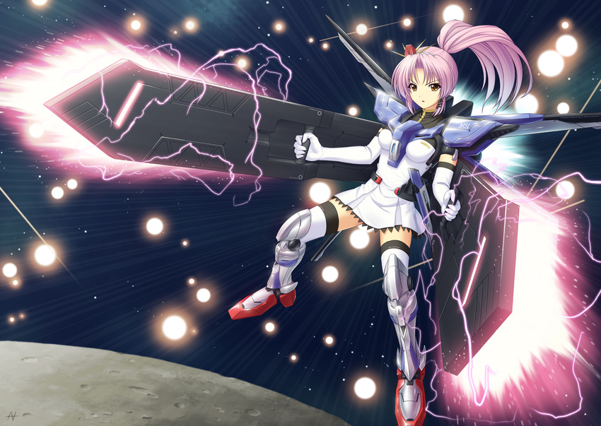 1girl athrun1120 bad_id bad_pixiv_id boots brown_eyes gundam mecha_musume original photoshop_(medium) ponytail purple_hair solo space thigh_boots thighhighs weapon