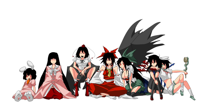 :d animal_ears animal_slippers arm_around_neck black_hair black_legwear black_wings blush_stickers bow breasts bunny_ears bunny_slippers camera carrot cigarette cleavage closed_eyes color_connection detached_sleeves dress geta green_eyes grin hair_bow hair_color_connection hakurei_reimu happy hat highres hishaku houjuu_nue houraisan_kaguya inaba_tewi indian_style japanese_clothes kneehighs kneeling large_breasts long_hair midriff multiple_girls murasa_minamitsu navel no_nose no_shoes one_eye_closed open_clothes open_mouth open_shirt pink_dress red_eyes reiuji_utsuho ribbon rui_(hershe) sailor sailor_hat seiza shameimaru_aya shirt shoes short_hair simple_background sitting smile socks squatting tengu-geta thighhighs tokin_hat touhou white_legwear wings