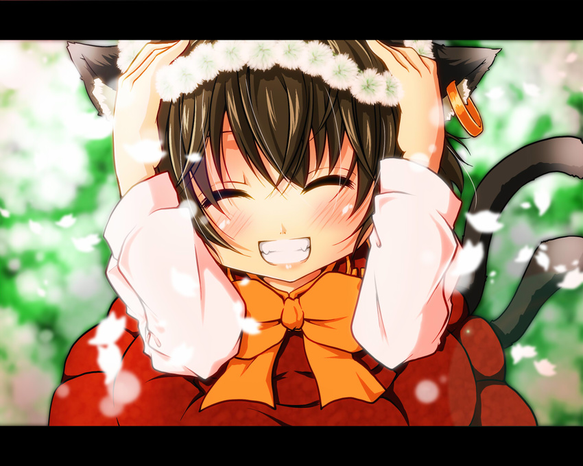 animal_ears bangs blush bow bowtie brown_hair cat_ears cat_tail chen closed_eyes dress earrings fangs flower grin hands_on_own_head happy haruyonoto jewelry letterboxed long_sleeves multiple_tails orange_bow petals red_dress shirt short_hair smile solo tail teeth touhou white_shirt wreath