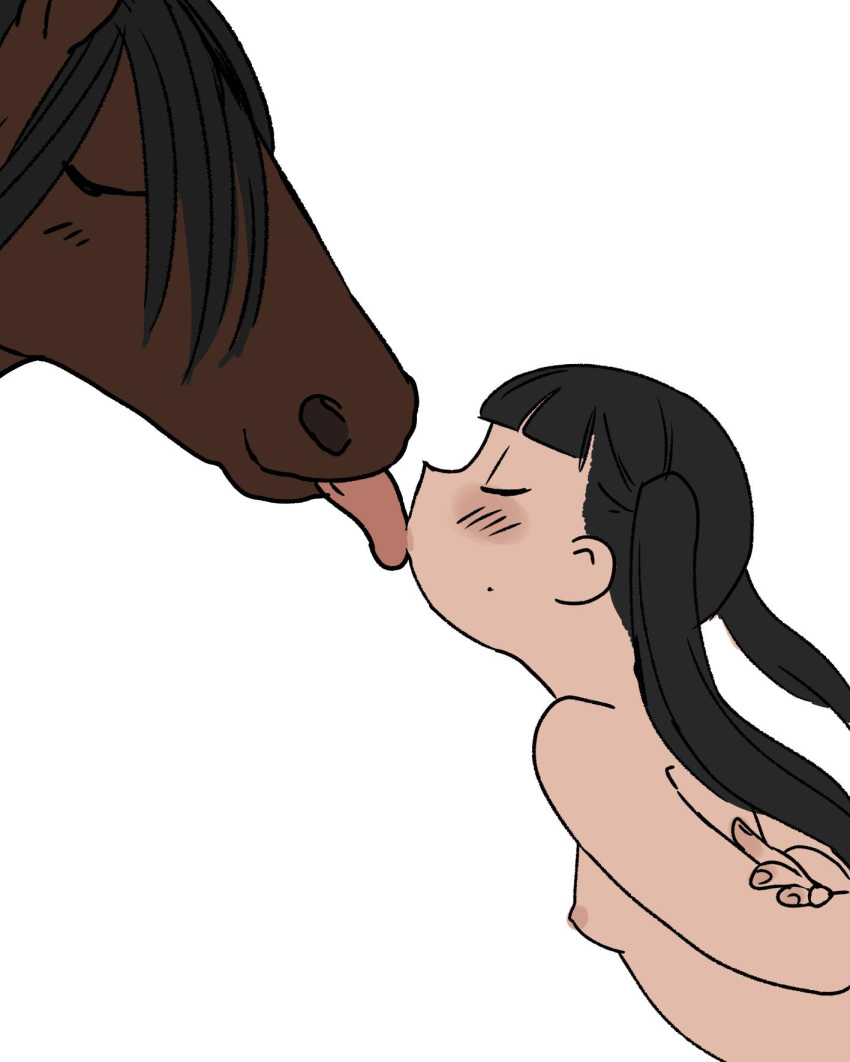 2019 ambiguous_gender bestiality black_hair blush equine eyes_closed female feral french_kissing hair horse human human_on_feral interspecies kissing mammal nipples nude semi simple_background white_background young