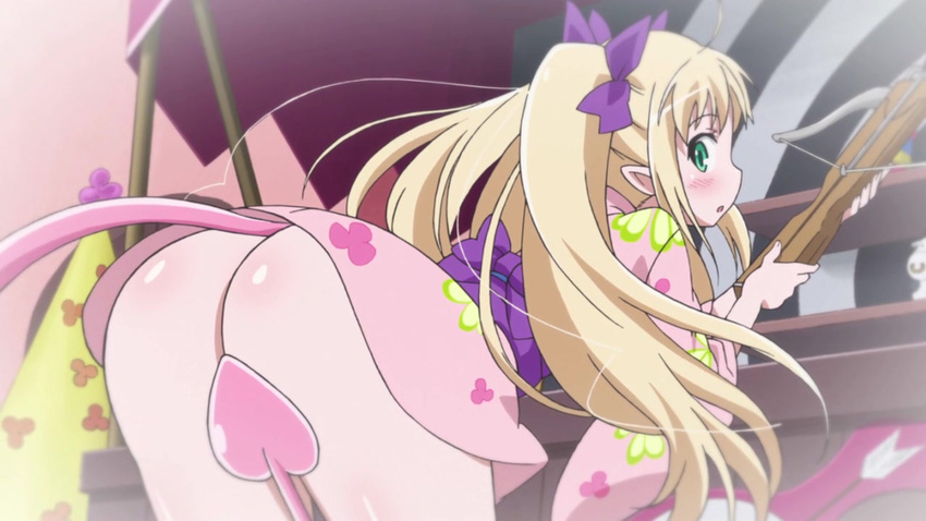 ass astarotte_ygvar bent_over blonde_hair bow_(weapon) censored convenient_censoring crossbow green_eyes japanese_clothes kimono long_hair lotte_no_omocha! no_panties non-web_source pink_kimono print_kimono ribbon screencap short_kimono short_yukata solo tail twintails weapon yukata