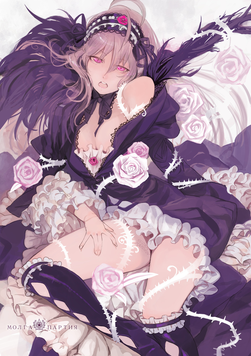 absurdres black_legwear breasts cleavage cyrillic fingernails flower frills gathers headdress highres kneehighs long_hair medium_breasts moruga open_mouth pink_eyes pink_flower pink_hair pink_rose rose rozen_maiden russian solo suigintou thorns too_many too_many_frills white_flower white_rose wings