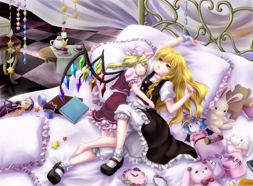 arm_up bed blonde_hair bloomers blue_hair book box braid cake chain chained character_doll clock cuffs cup flandre_scarlet flower food frilled_pillow frills gothic_lolita hairband hand_on_hip hat kirisame_marisa lolita_fashion lying mary_janes mirror multiple_girls on_back on_side pillow red_flower red_rose remilia_scarlet rose shackles shirt shoes side_ponytail skirt skirt_set sleeping star stuffed_animal stuffed_bunny stuffed_toy table teacup teapot teddy_bear tile_floor tiles touhou underwear yellow_eyes yuna-yume