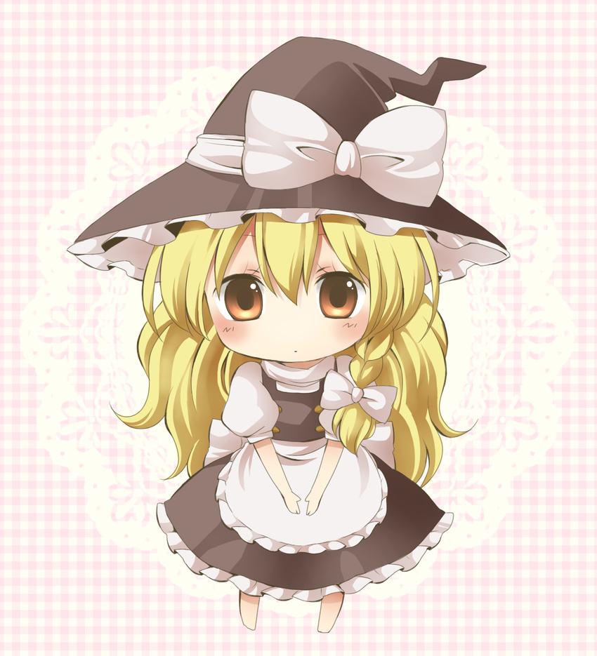 black_dress blonde_hair blush braid chibi dress hair_ribbon hat highres kirisame_marisa long_hair ribbon solo standing tamichan touhou v_arms witch_hat yellow_eyes