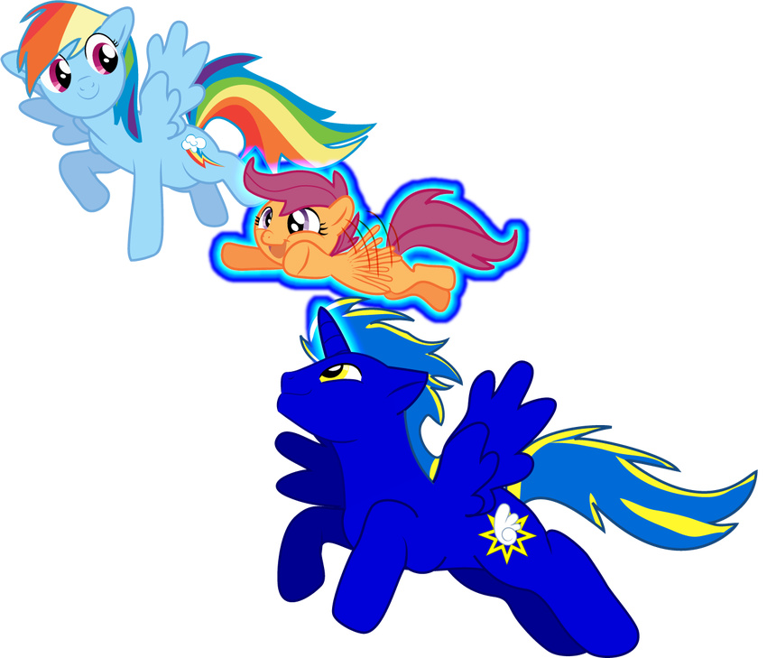 alicorn creshosk cub cutie_mark equine female feral flying friendship_is_magic fur group hasbro horn mammal my_little_pony original_character pegacorn pegasus rainbow_dash_(mlp) scootaloo_(mlp) unkownn_pony winged_unicorn wings young