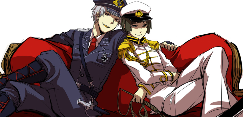 aiguillette axis_powers_hetalia bad_id bad_pixiv_id boots brown_hair couch cross-laced_footwear crossed_legs epaulettes grey_eyes hat japan_(hetalia) knife lace-up_boots male_focus military military_uniform multiple_boys necktie open_mouth peaked_cap prussia_(hetalia) red_eyes ririvery silver_hair simple_background sitting sketch smile smirk uniform whip