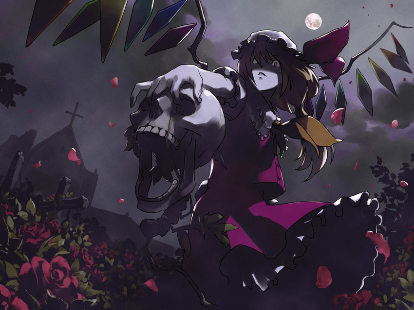 ascot blonde_hair church cross dark flandre_scarlet flower from_below fuchida_kazuhiro full_moon hair_over_one_eye hat hat_ribbon holding md5_mismatch moon night open_mouth petals red_eyes red_flower red_rose ribbon rose rose_petals side_ponytail skull solo touhou wallpaper wings