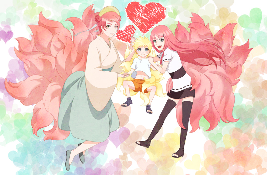 2girls bad_id bad_pixiv_id blue_eyes double_bun family flats fox_tail hair_ornament hairclip happy heart highres jumping long_hair multiple_girls multiple_tails naruto naruto_(series) pink_hair skirt smile spiked_hair taicho tail thighhighs trait_connection uzumaki_kushina uzumaki_mito uzumaki_naruto yellow_eyes