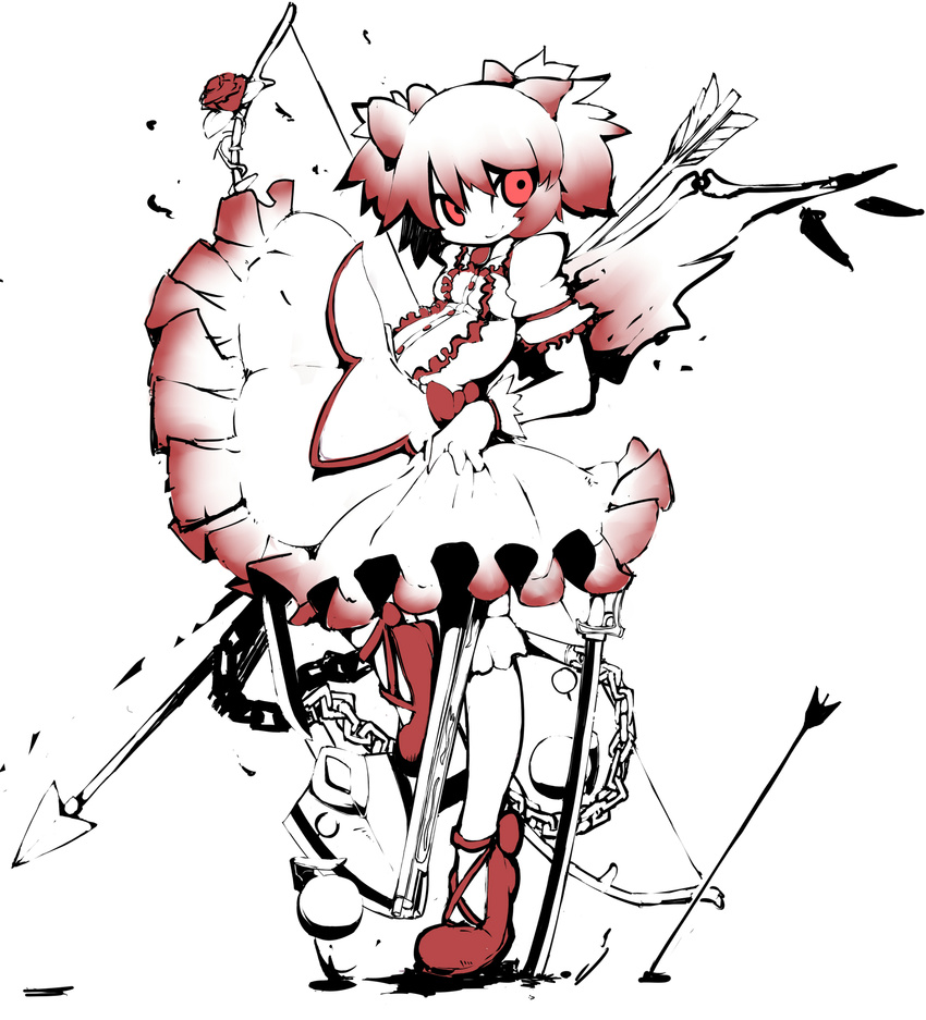 arrow bad_id bad_pixiv_id bow_(weapon) chain full_body gloves gokinyan gun highres kaname_madoka leg_lift magical_girl mahou_shoujo_madoka_magica pink_hair planted_arrow planted_sword planted_weapon polearm red_eyes short_hair short_twintails single_wing skirt smile solo spear standing standing_on_one_leg sword twintails weapon wings