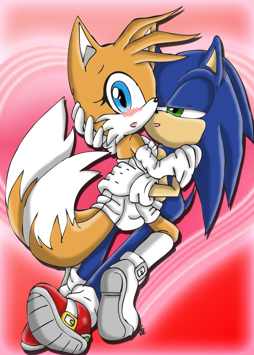 blush canine crossgender cuddling duo female fox hedgehog male mammal miles_prower multiple_tails sega snuggle sonic_(series) sonic_the_hedgehog straight unknown_artist