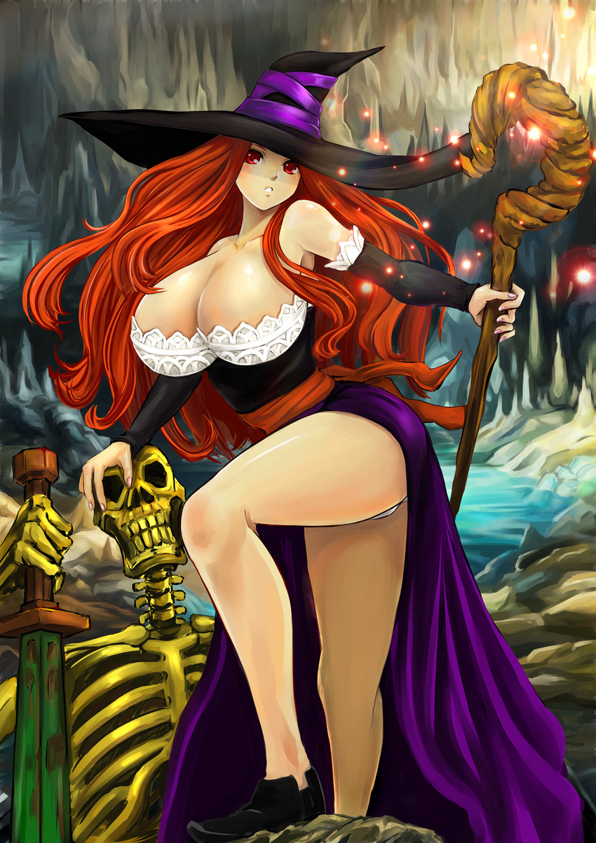 bare_shoulders breasts cleavage detached_sleeves dragon's_crown dress hat highres huge_breasts legs long_legs magic orange_hair panties red_eyes side_slit skeleton solo sorceress_(dragon's_crown) staff strapless strapless_dress sword thick_thighs thighs underwear weapon white_panties witch_hat yamasan_(hachiman)