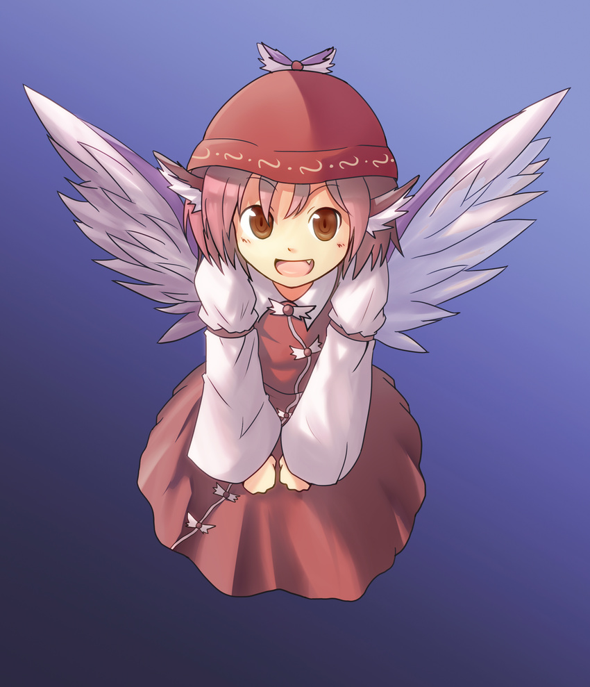 :d absurdres animal_ears brown_eyes brown_hair fang from_above hamakenn hat highres looking_at_viewer looking_up mystia_lorelei open_mouth pink_hair short_hair simple_background smile solo touhou wings