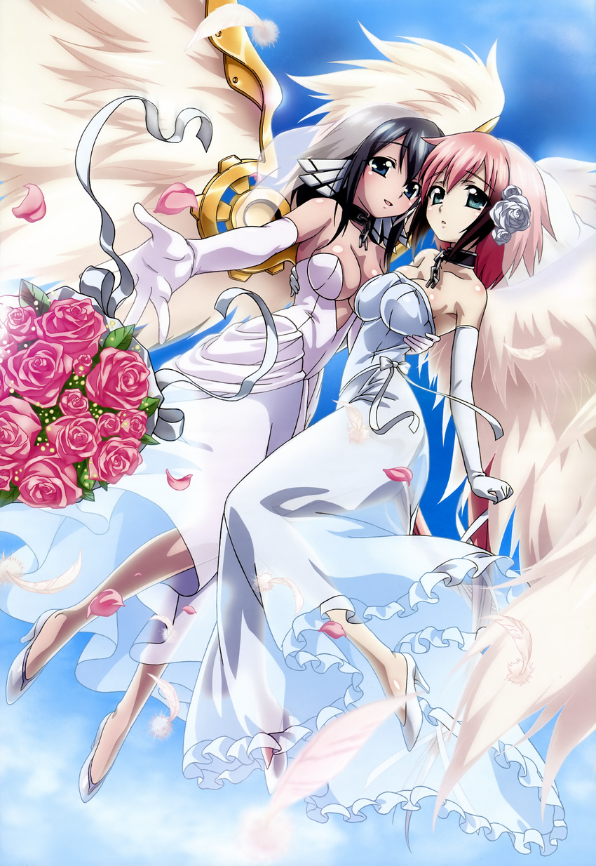 absurdres angel angel_wings bare_shoulders black_hair blue_eyes bouquet bow breasts bridal_veil chain cleavage collar detached_sleeves dress flower gloves hair_bow hair_flower hair_ornament highres ikaros kazane_hiyori large_breasts multiple_girls nyantype official_art open_mouth petals pink_flower pink_hair pink_rose rose rose_petals scan short_hair smile sora_no_otoshimono veil watanabe_yoshihiro wedding_dress white_flower white_rose wings