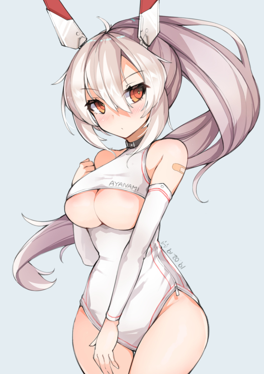 1girl areolae ayanami_(azur_lane) azur_lane bandaid_on_arm bangs bare_shoulders blush breasts choker closed_mouth detached_sleeves eyebrows_visible_through_hair headgear highres large_breasts leotard long_hair looking_at_viewer purerin red_eyes silver_hair solo tagme thigh_gap underboob underboob_cutout white_leotard