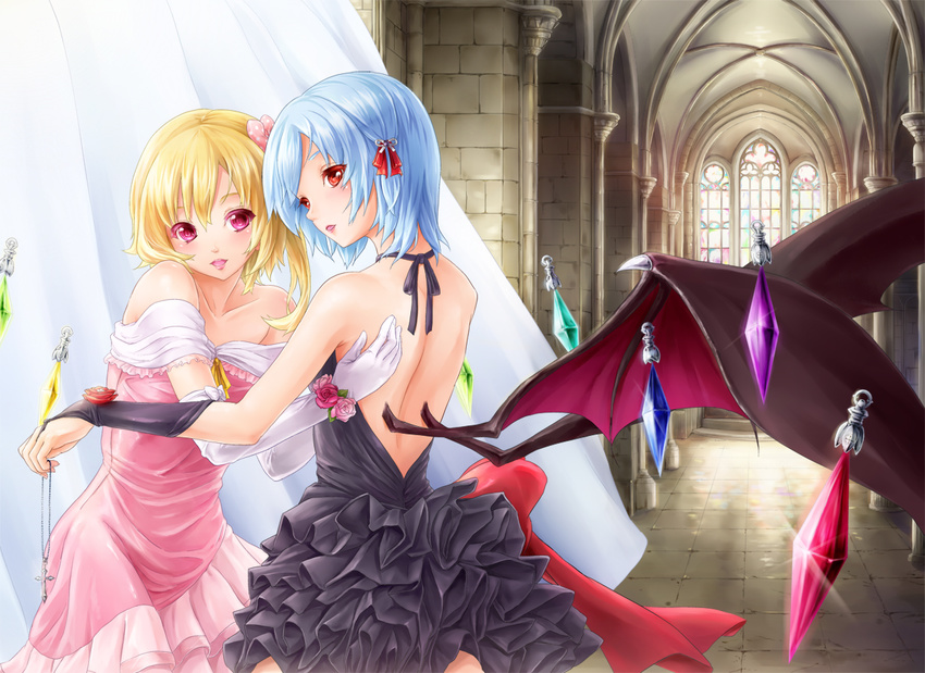 alternate_costume alternate_wings bare_back bare_shoulders bat_wings blonde_hair blue_hair bow collarbone colored_eyelashes crystal dress elbow_gloves eyelashes flandre_scarlet floating flower formal gloves hair_bow hair_ornament jewelry lips lipstick low_wings makeup multiple_girls necklace no_hat no_headwear older onokoro401 pink_flower pink_rose red_eyes red_flower red_rose remilia_scarlet rose short_hair siblings sisters touhou white_gloves wings