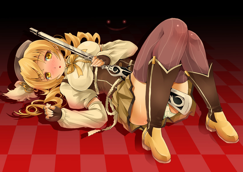 beret between_thighs blonde_hair blush body_blush boots brown_legwear checkered checkered_floor corset detached_sleeves drill_hair fingerless_gloves gloves glowing glowing_eyes gun hair_ornament hairpin hat kyubey lying magical_girl magical_musket mahou_shoujo_madoka_magica michii_yuuki on_back panties pleated_skirt puffy_sleeves red_eyes ribbon rifle shirt skirt solo striped striped_legwear taut_clothes taut_shirt thighhighs tomoe_mami twin_drills twintails underwear vertical-striped_legwear vertical_stripes weapon white_panties