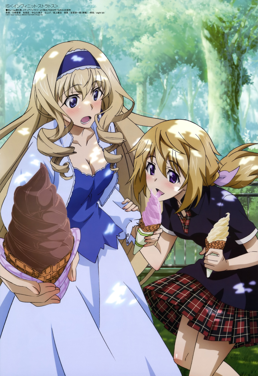 absurdres blonde_hair blue_eyes blue_hairband blush breasts casual cecilia_alcott charlotte_dunois cleavage dress drill_hair food foreshortening forest hairband highres ice_cream ice_cream_cone infinite_stratos kawasaki_aika licking long_hair medium_breasts megami multiple_girls nature official_art open_mouth plaid plaid_skirt ponytail purple_eyes short_hair skirt tongue tree tree_shade