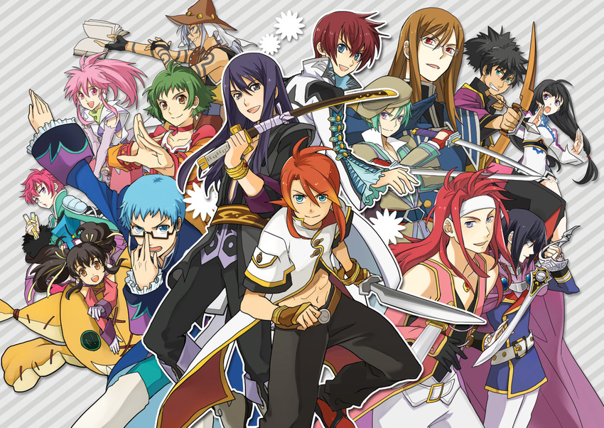 6+boys abs adjusting_eyewear anise_tatlin arche_klein arrow asbel_lhant bad_id bad_pixiv_id belt black_hair blue_eyes blue_hair book bow_(weapon) brown_eyes buckle choker crossover farah_oersted fighting_stance fingerless_gloves flower glasses gloves grin hair_ribbon harold_berselius hat headband hubert_ozwell jade_curtiss klarth_lester kohak_hearts leon_magnus long_hair low-tied_long_hair luke_fon_fabre markings multiple_boys multiple_girls navel open_mouth pink_hair ponytail purple_hair raven_(tales) red_choker red_eyes red_hair ribbon sheath sheathed short_ponytail smile spada_belforma sword tales_of_(series) tales_of_destiny tales_of_destiny_2 tales_of_eternia tales_of_graces tales_of_hearts tales_of_innocence tales_of_phantasia tales_of_symphonia tales_of_the_abyss tales_of_vesperia tokino_(colorseason) tokunaga twintails weapon yuri_lowell zelos_wilder