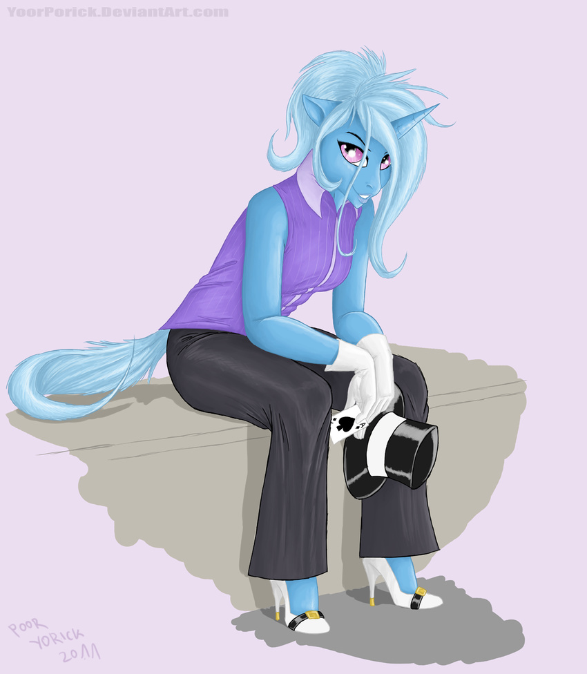 &#9824; &spades; ace ace_of_spades anthro anthrofied blue blue_body blue_hair card equine female friendship_is_magic gloves hair hasbro hat high_heels horn horse magician mammal my_little_pony performer playing_card pony poor_yorick portrait purple_eyes sitting smile solo top_hat trixie_(mlp) unicorn waistcoat