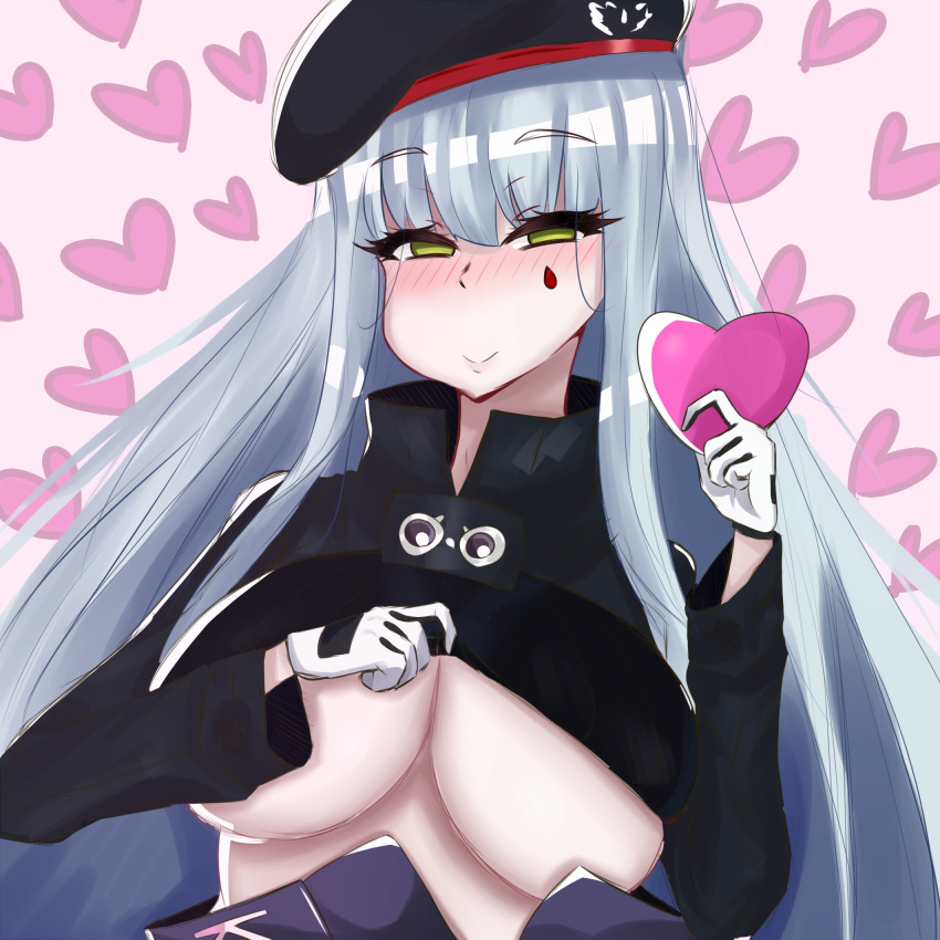 1girl assault_rifle bangs blush box breasts cleavage closed_mouth eyebrows_visible_through_hair facing_viewer gift girls_frontline gloves gun h&amp;k_hk416 happy_valentine heart heart-shaped_box highres hk416_(girls_frontline) holding holding_gift impossible_clothes impossible_shirt jacket large_breasts long_hair looking_at_viewer rifle shirt simple_background smile solo underboob valentine weapon