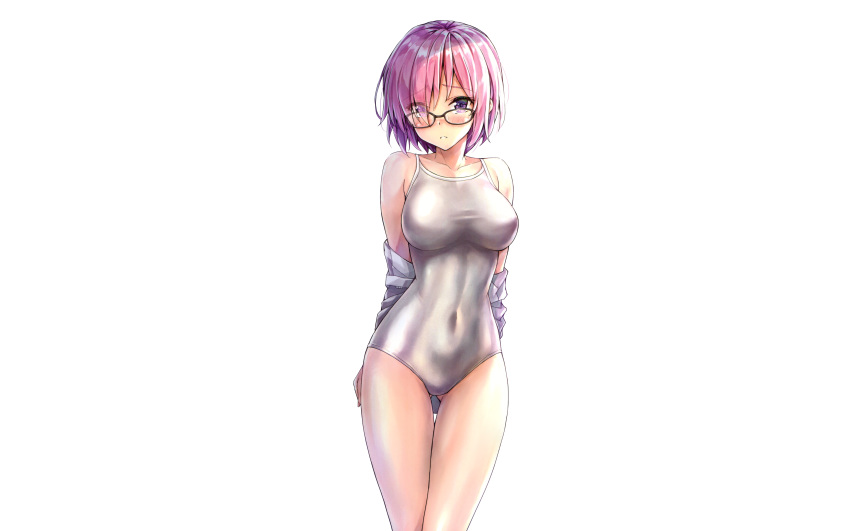 blush erect_nipples fate/grand_order fate_(series) glasses mash_kyrielight photoshop pink_hair purple_eyes shouryou swimsuit undressing white