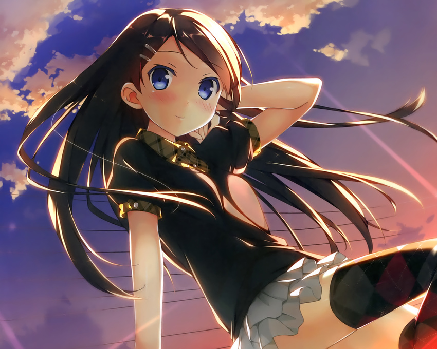 argyle argyle_legwear black_hair blue_eyes blush cloud hair_flip hair_ornament hairclip highres kantoku long_hair miyaguchi_hiromi original sky solo thighhighs twilight