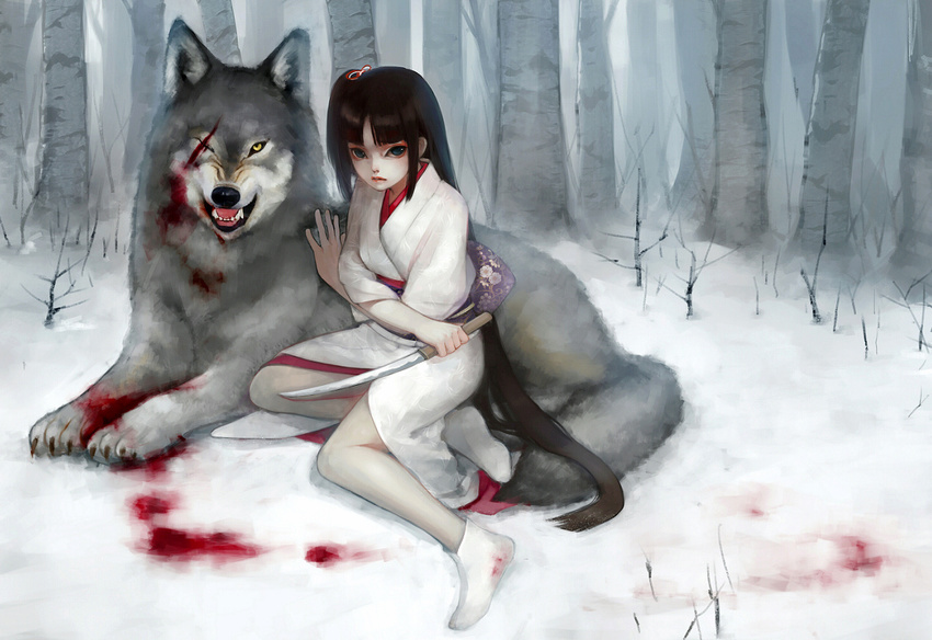 bad_id bad_pixiv_id blood blue_eyes brown_hair chm forest hair_tie injury japanese_clothes kimono knife kodachi long_hair nature obi original sash short_sword snow socks sword tabi very_long_hair weapon wolf